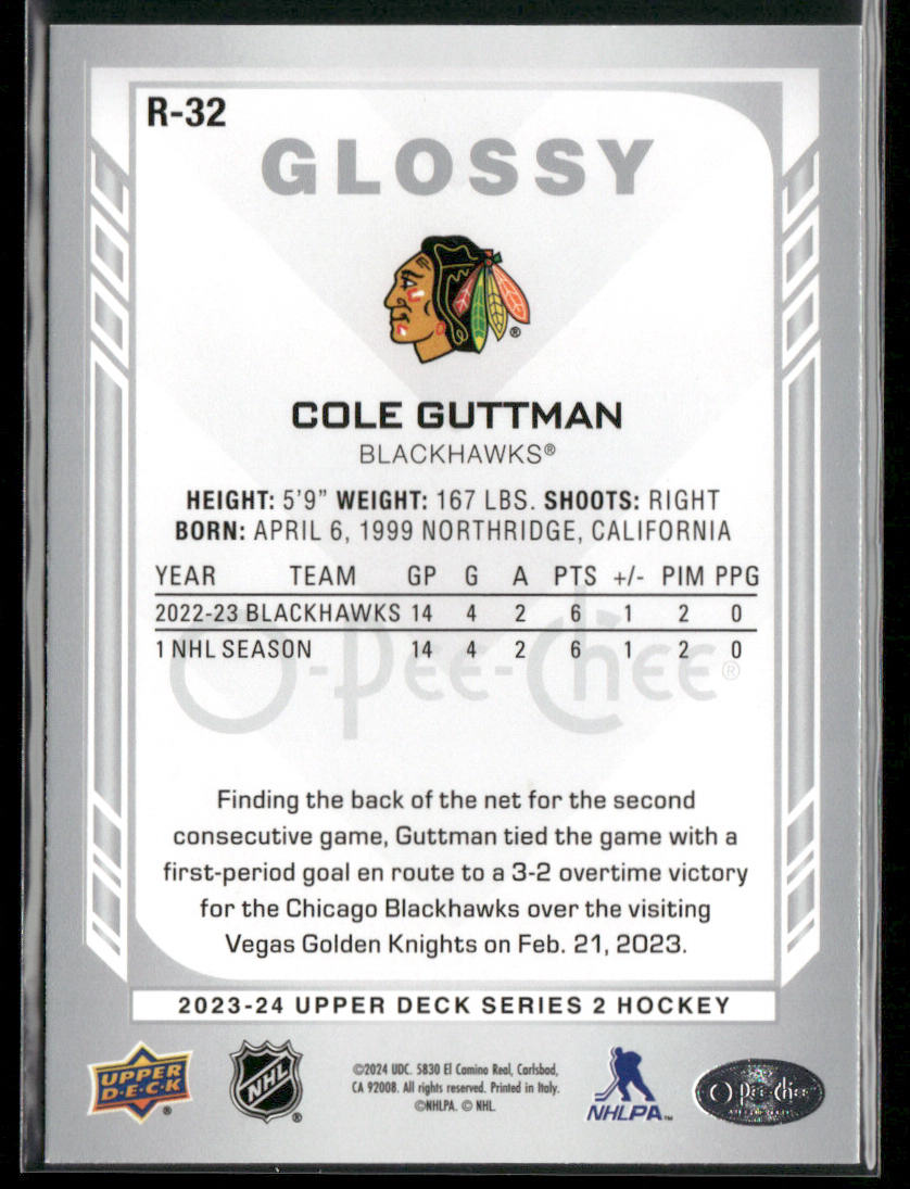 Cole Guttman 2023-24 Upper Deck O-Pee-Chee Glossy #R-32 Chicago Blackhawks back