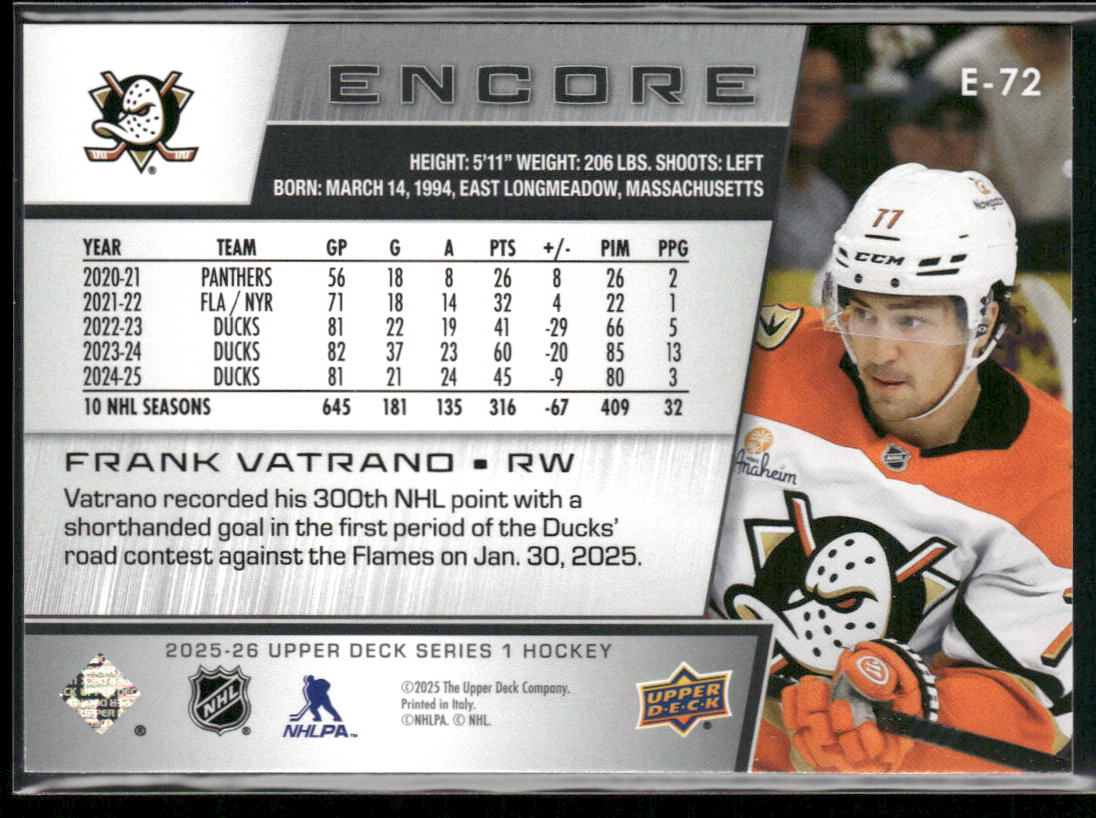 Frank Vatrano 2025-26 Upper Deck Encore #E-72 Anaheim Ducks