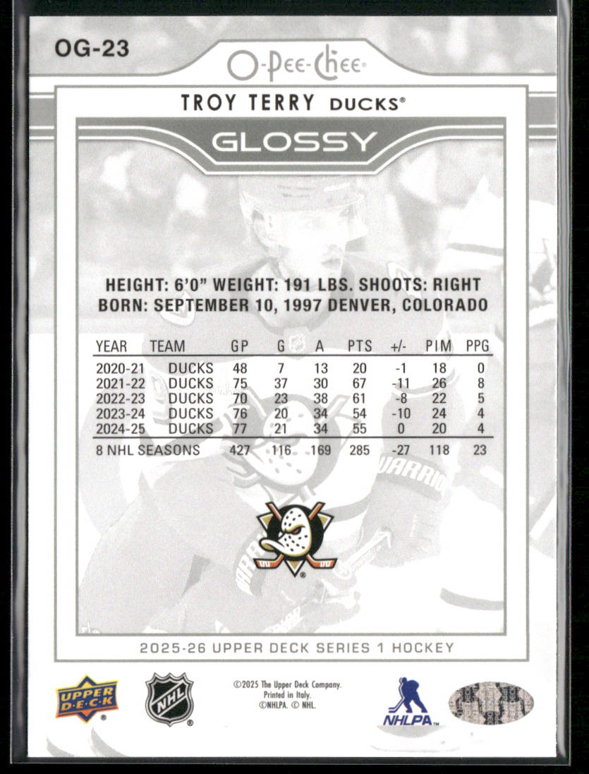 Troy Terry 2025-26 Upper Deck O-Pee-Chee Glossy #OG-23 Anaheim Ducks back