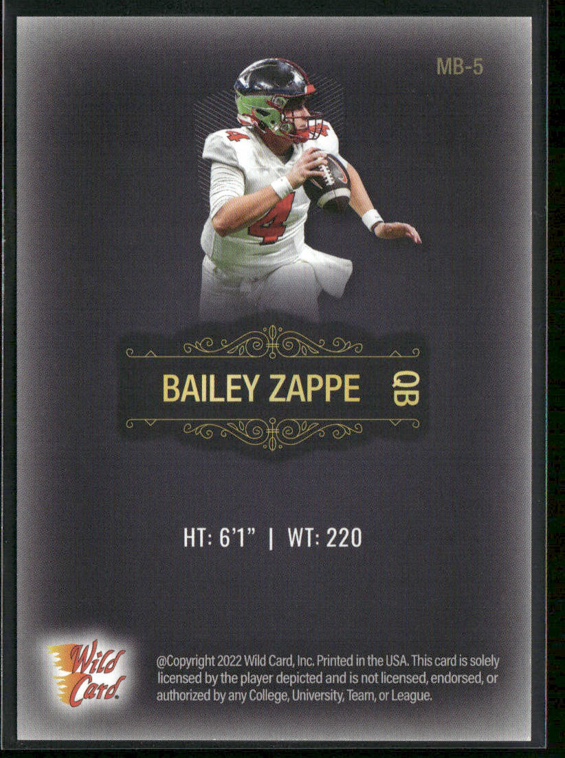 Bailey Zappe 2022 Wild Card Matte Black #MB-5 Western Kentucky Hilltoppers back