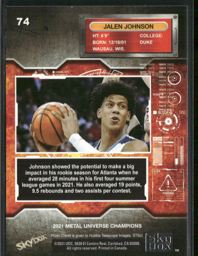 Jalen Johnson 2021 SkyBox Metal Universe Champions #74 back