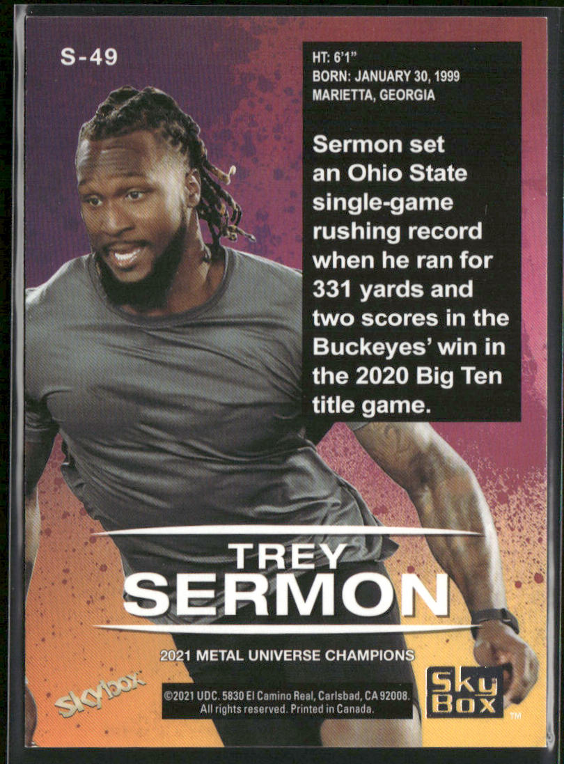 Trey Sermon 2021 SkyBox Metal Universe Champions Skybox Premium #S-49 back