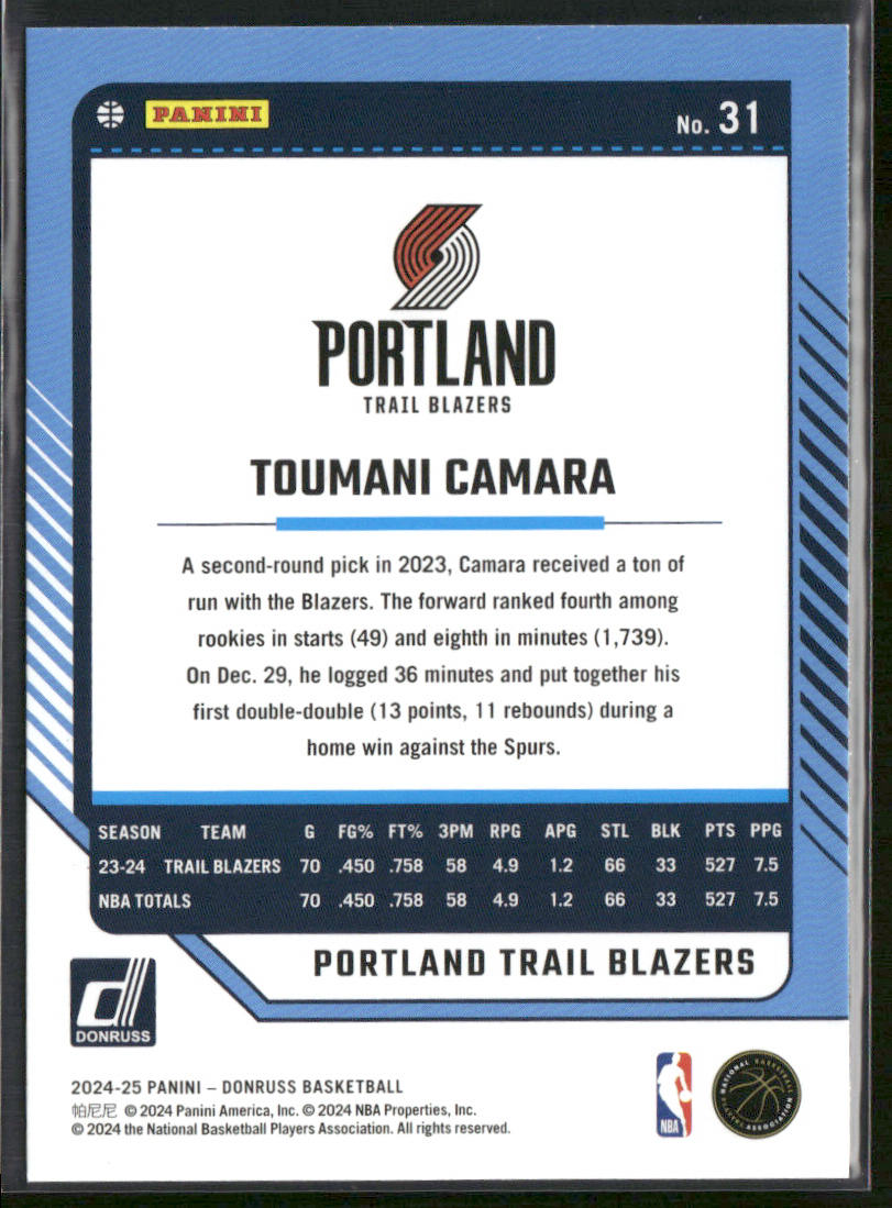 Toumani Camara 2024-25 Donruss #31 Portland Trail Blazers