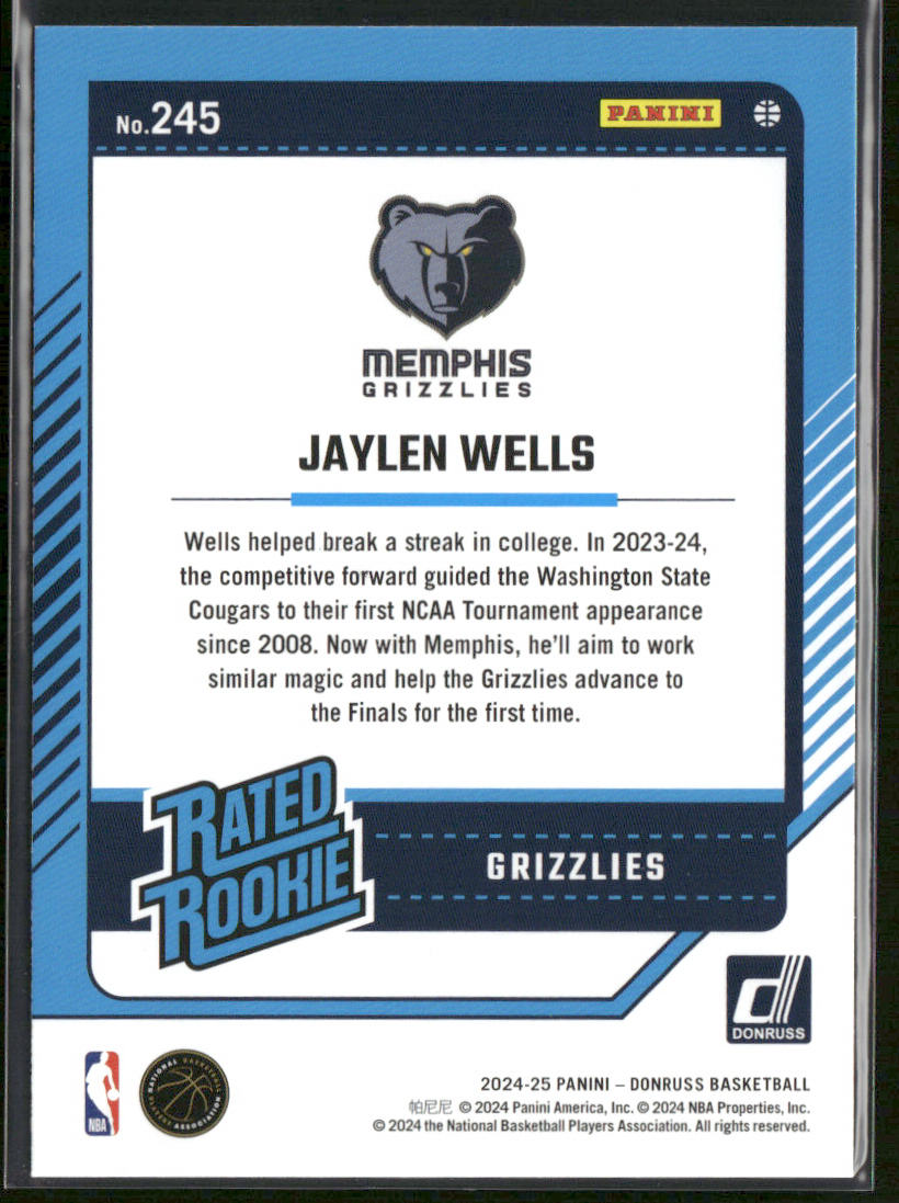 Jaylen Wells 2024-25 Donruss #245 RC Memphis Grizzlies