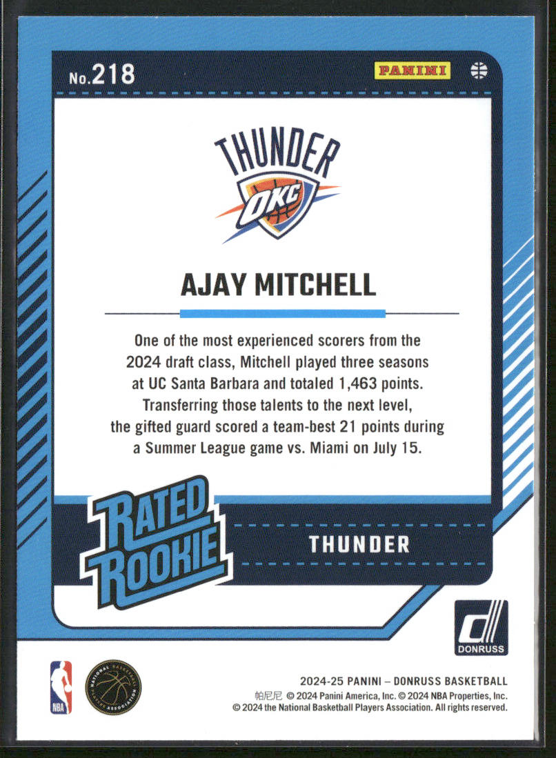 Ajay Mitchell 2024-25 Donruss #218 RC Oklahoma City Thunder