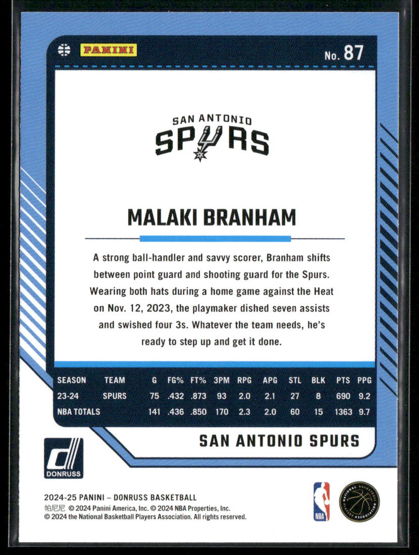 Malaki Branham 2024-25 Donruss #87 San Antonio Spurs