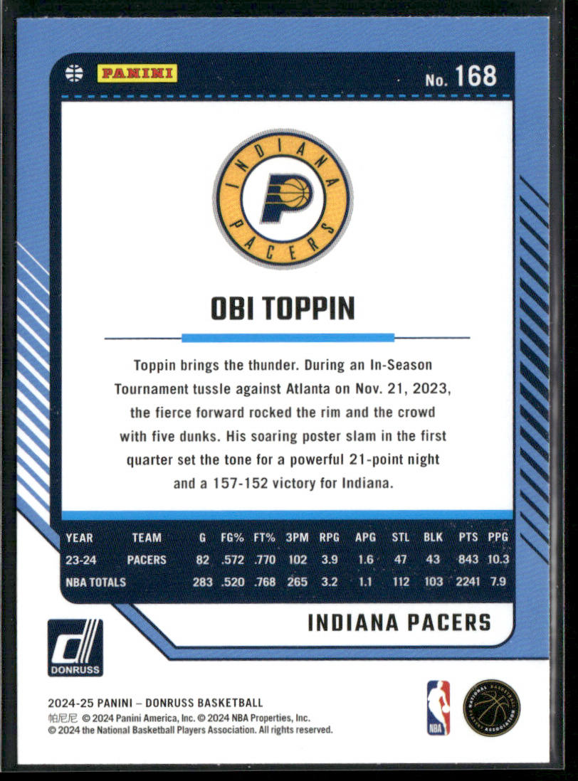 Obi Toppin 2024-25 Donruss #168 Indiana Pacers