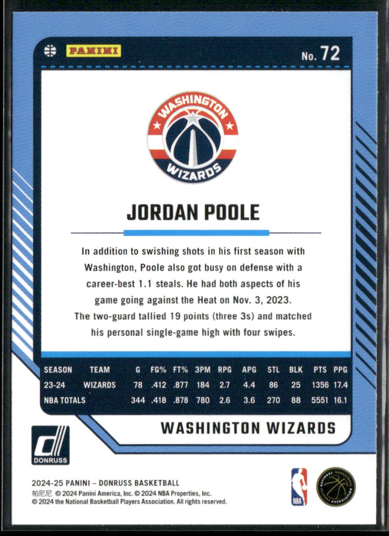 Jordan Poole 2024-25 Donruss #72 Washington Wizards