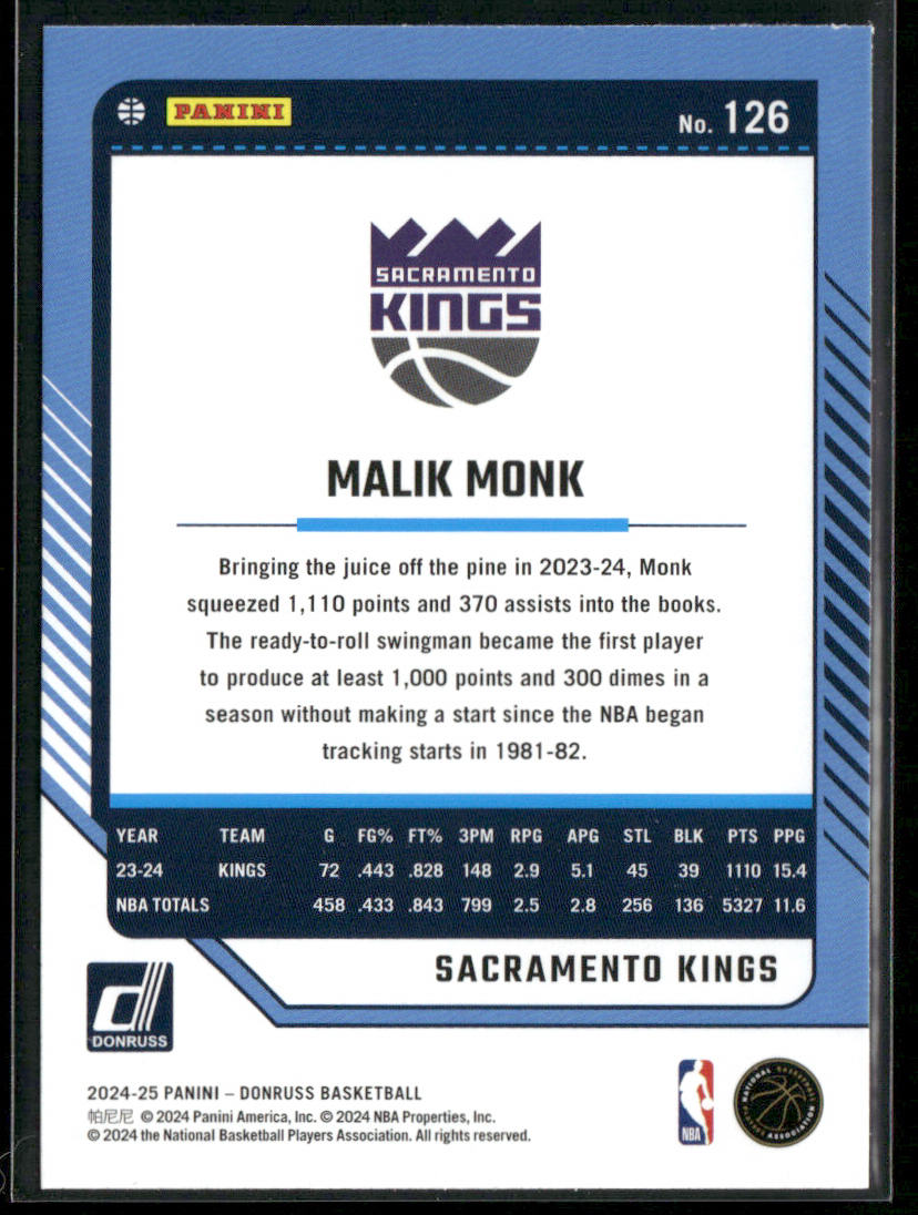 Malik Monk 2024-25 Donruss #126 Sacramento Kings