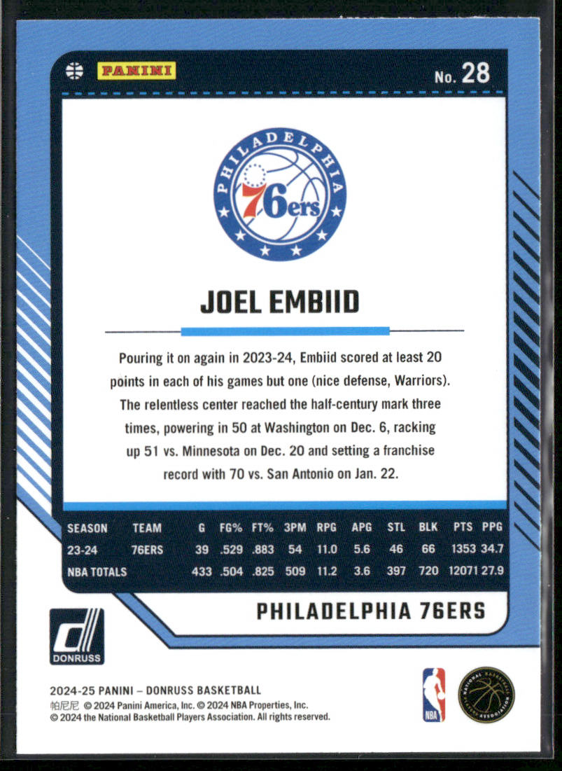 Joel Embiid 2024-25 Donruss #28 Philadelphia 76ers