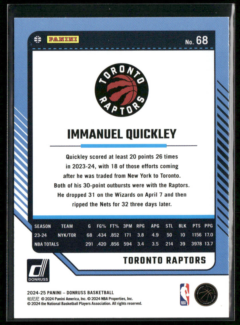 Immanuel Quickley 2024-25 Donruss Holo Green Laser #68 Toronto Raptors
