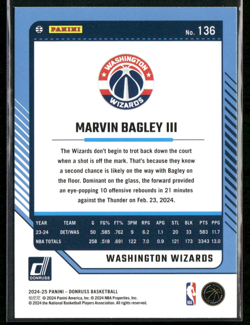 Marvin Bagley III 2024-25 Donruss Holo Green Laser #136 Washington Wizards