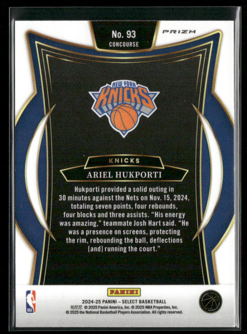 Ariel Hukporti 2024-25 Panini Select Orange Flash Prizm #93 RC New York Knicks
