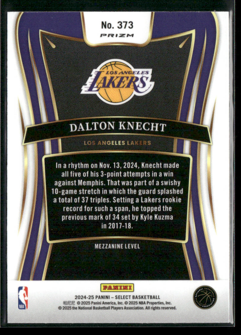 Dalton Knecht 2024-25 Panini Select Silver Prizm #373 RC Los Angeles Lakers