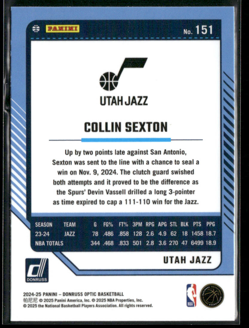 Collin Sexton 2024-25 Donruss Optic #151 Utah Jazz