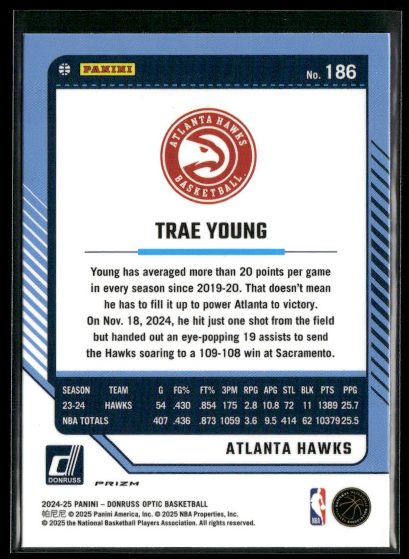 Trae Young 2024-25 Donruss Optic Blue Velocity #186 Atlanta Hawks