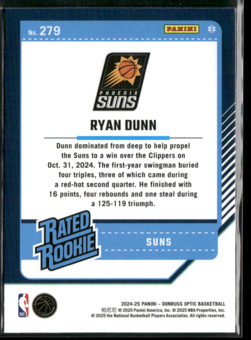 Ryan Dunn 2024-25 Donruss Optic #279 RC Phoenix Suns