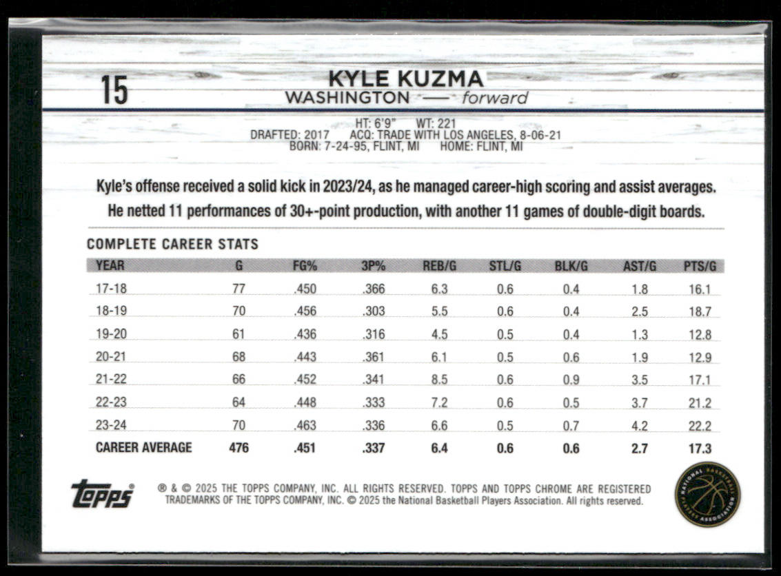 Kyle Kuzma 2024-25 Topps Chrome #15 Washington Wizards