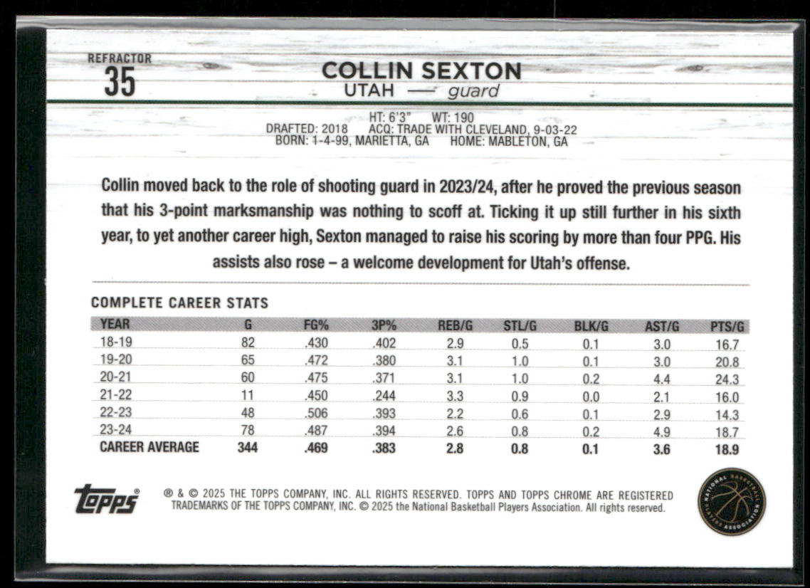 Collin Sexton 2024-25 Topps Chrome Refractor #35 Utah Jazz