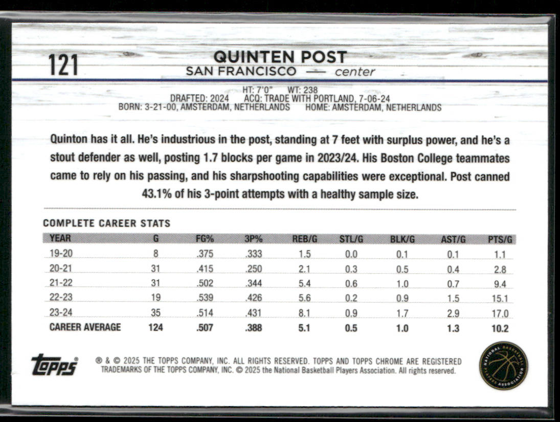 Quinten Post 2024-25 Topps Chrome #121 RC Golden State Warriors