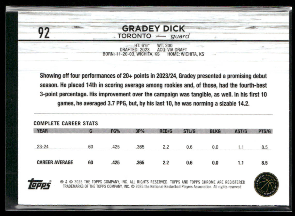 Gradey Dick 2024-25 Topps Chrome #92 Toronto Raptors
