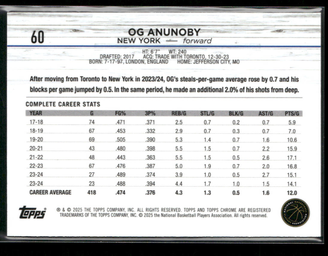 OG Anunoby 2024-25 Topps Chrome #60 New York Knicks