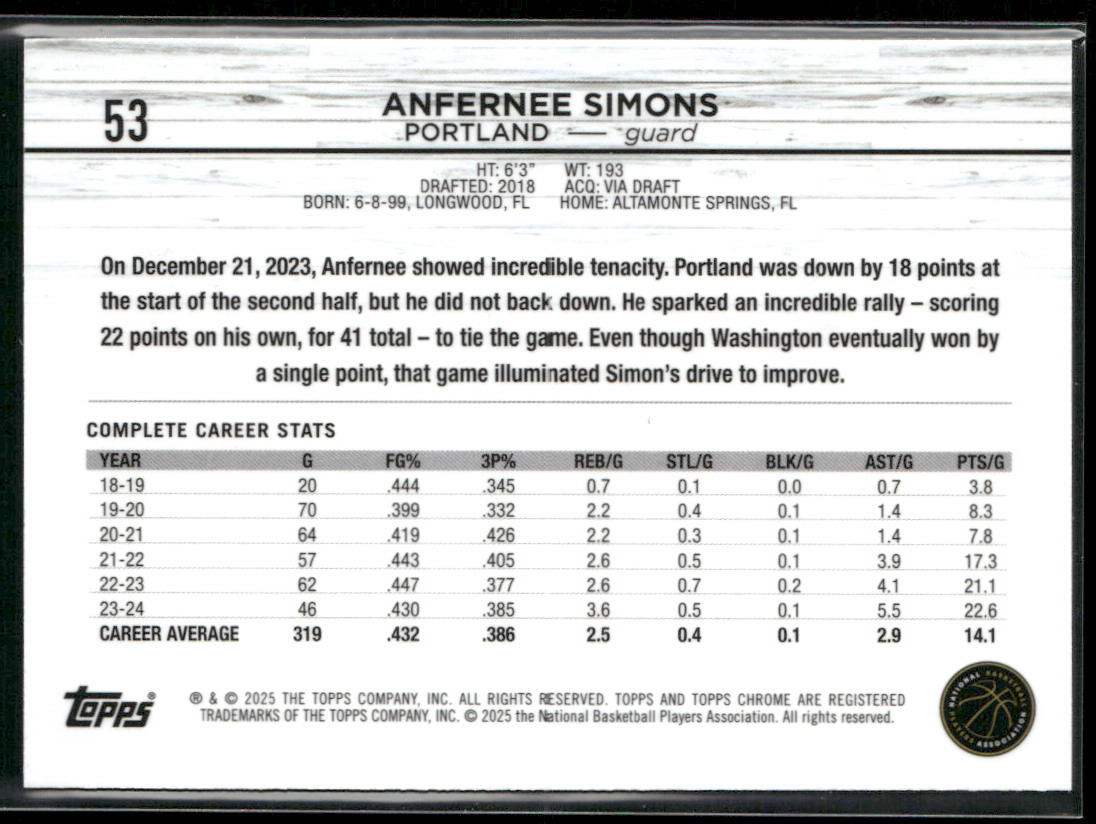 Anfernee Simons 2024-25 Topps Chrome #53 Portland Trail Blazers