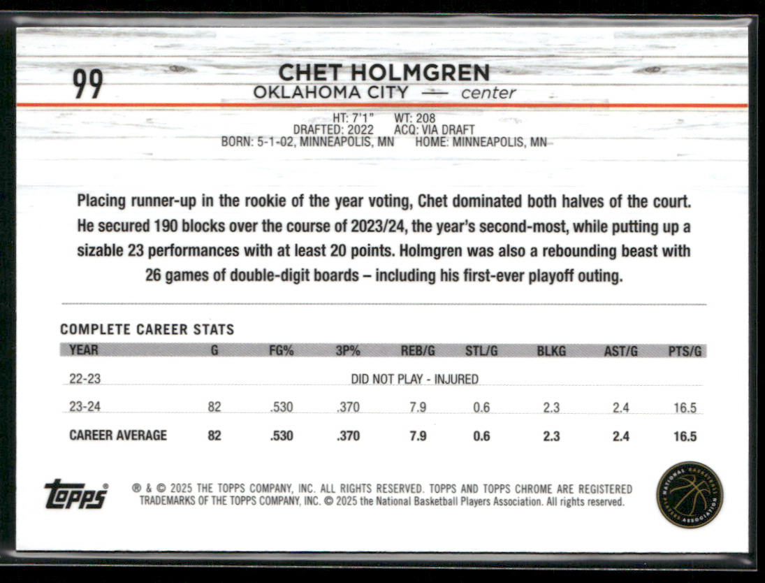 Chet Holmgren 2024-25 Topps Chrome #99 Oklahoma City Thunder
