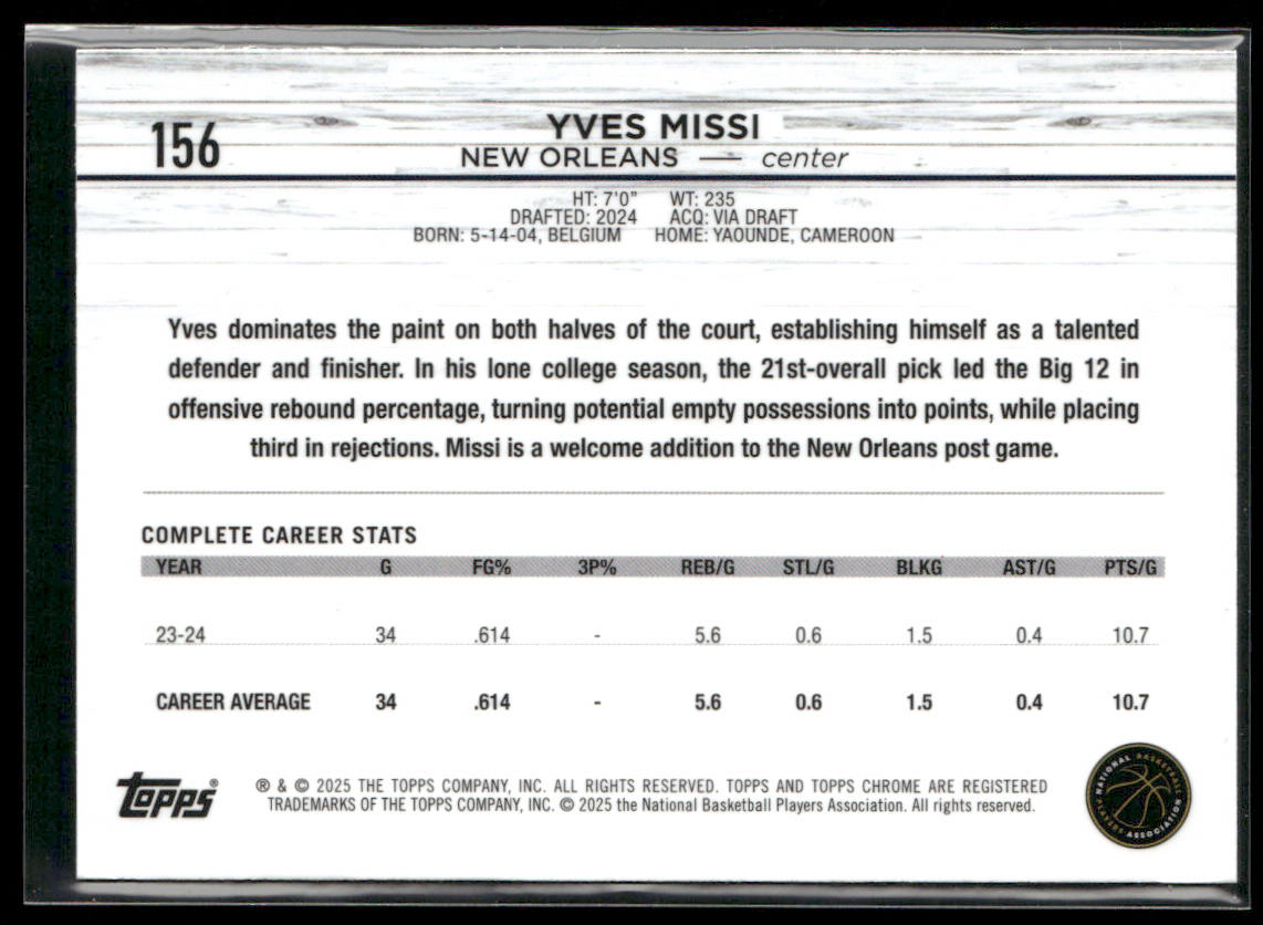 Yves Missi 2024-25 Topps Chrome #156 RC New Orleans Pelicans