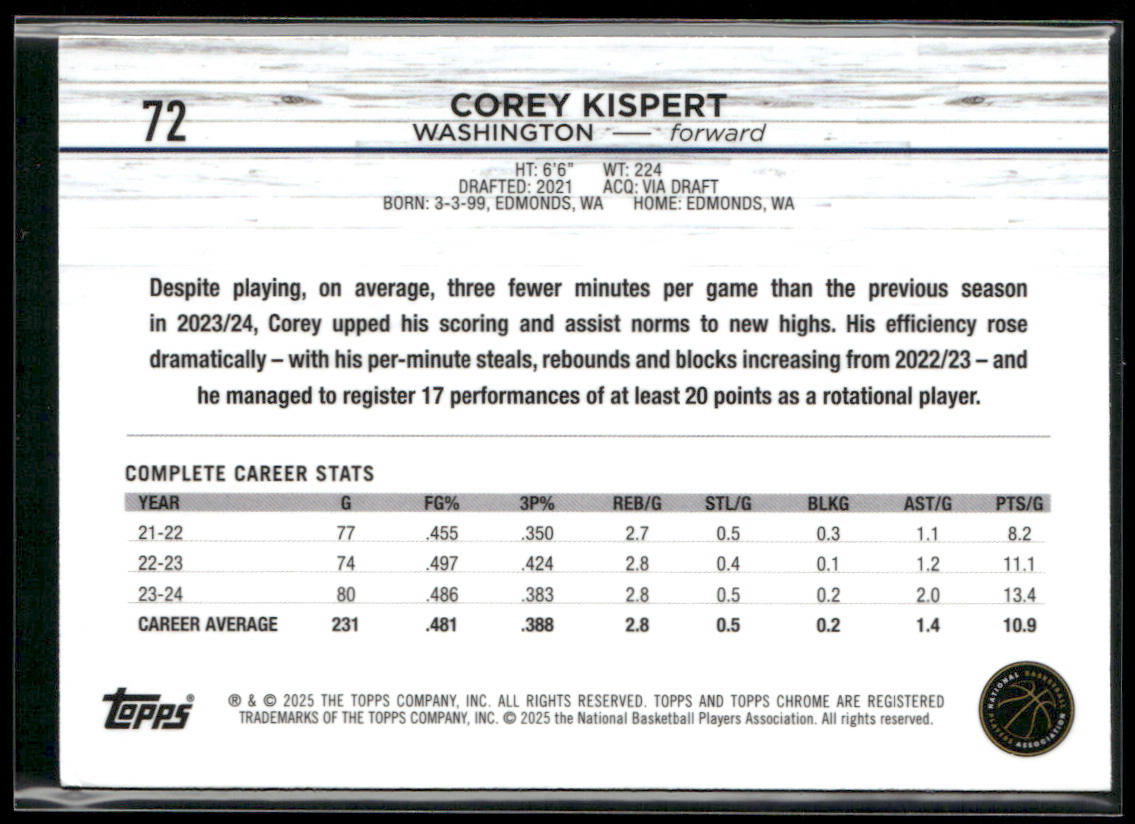 Corey Kispert 2024-25 Topps Chrome #72 Washington Wizards