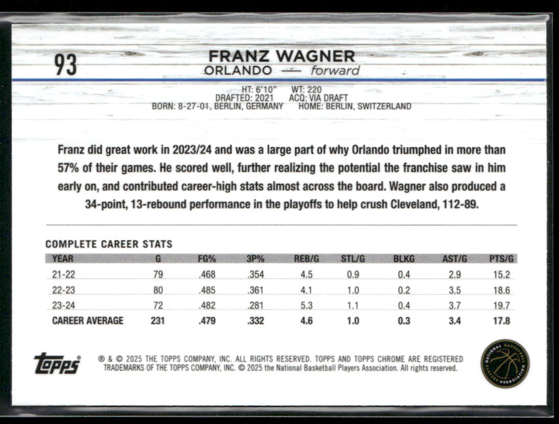 Franz Wagner 2024-25 Topps Chrome #93 Orlando Magic