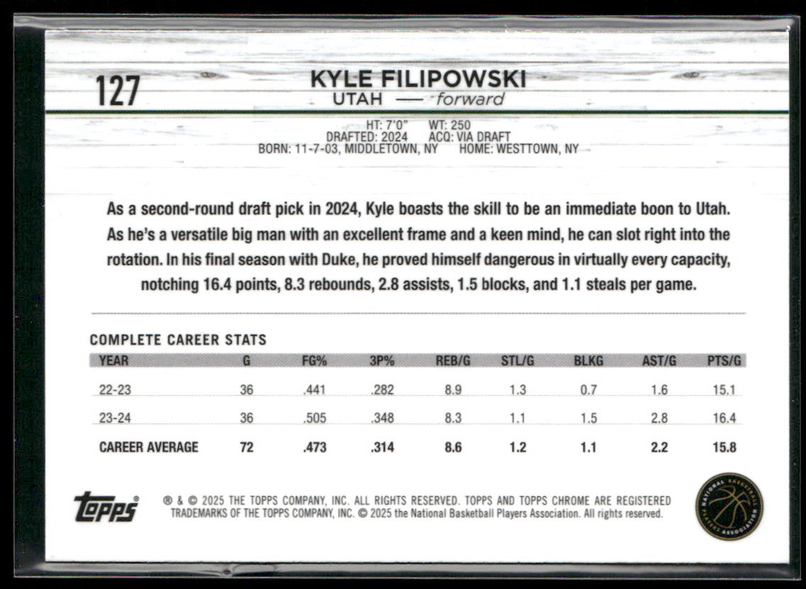 Kyle Filipowski 2024-25 Topps Chrome #127 RC Utah Jazz