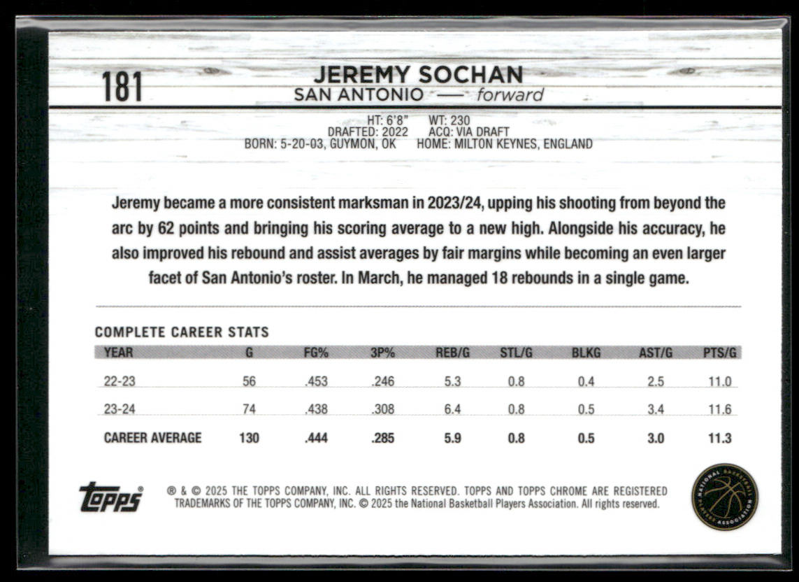 Jeremy Sochan 2024-25 Topps Chrome #181 San Antonio Spurs
