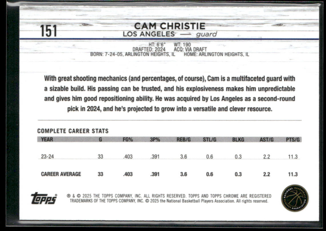 Cam Christie 2024-25 Topps Chrome #151 RC Los Angeles Clippers