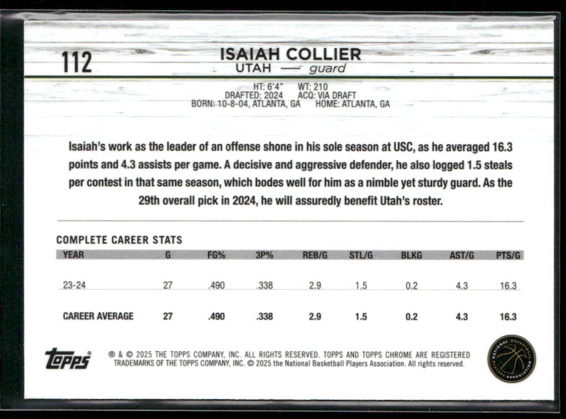 Isaiah Collier 2024-25 Topps Chrome #112 RC Utah Jazz