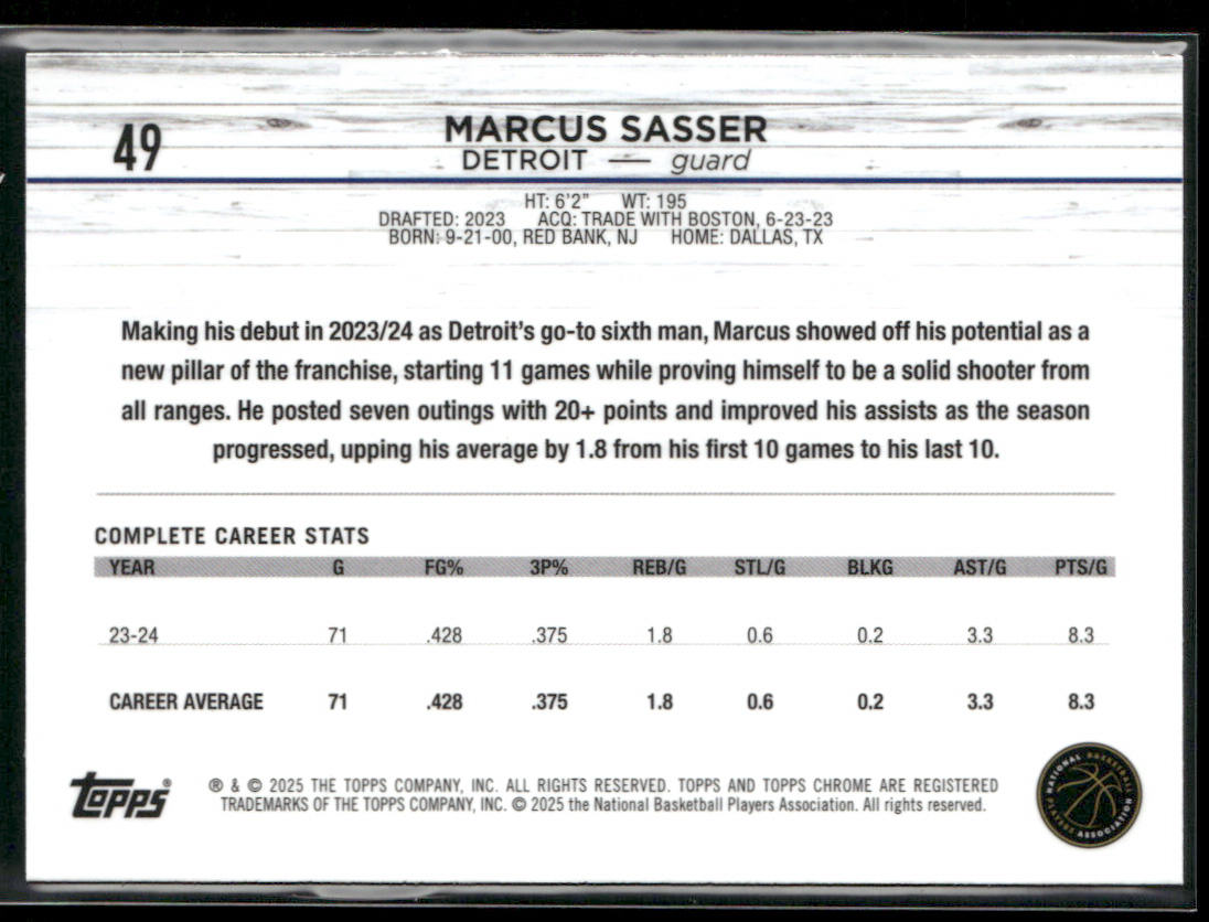 Marcus Sasser 2024-25 Topps Chrome #49 Detroit Pistons