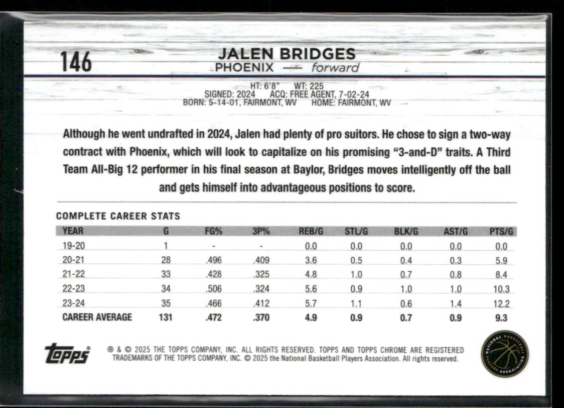 Jalen Bridges 2024-25 Topps Chrome #146 RC Phoenix Suns