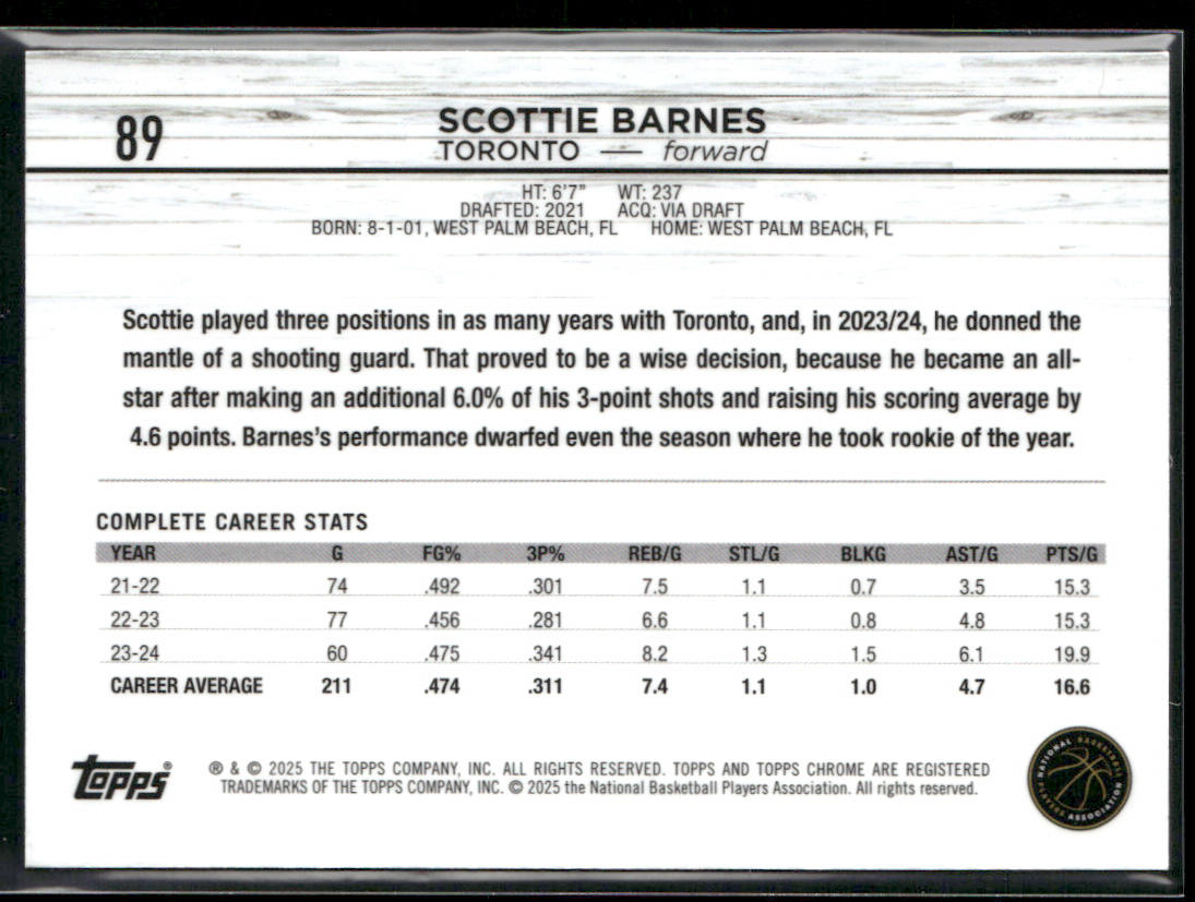 Scottie Barnes 2024-25 Topps Chrome #89 Toronto Raptors