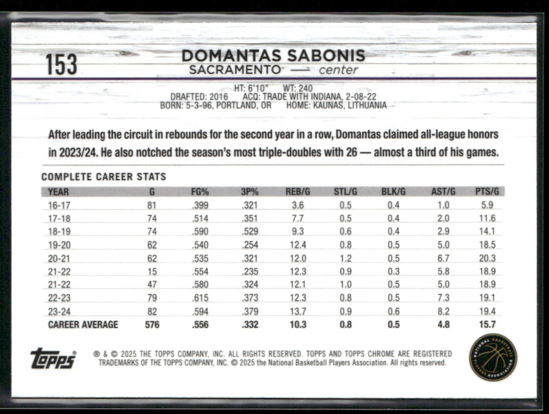 Domantas Sabonis 2024-25 Topps Chrome #153 Sacramento Kings