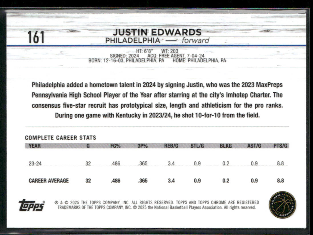 Justin Edwards 2024-25 Topps Chrome #161 RC Philadelphia 76ers