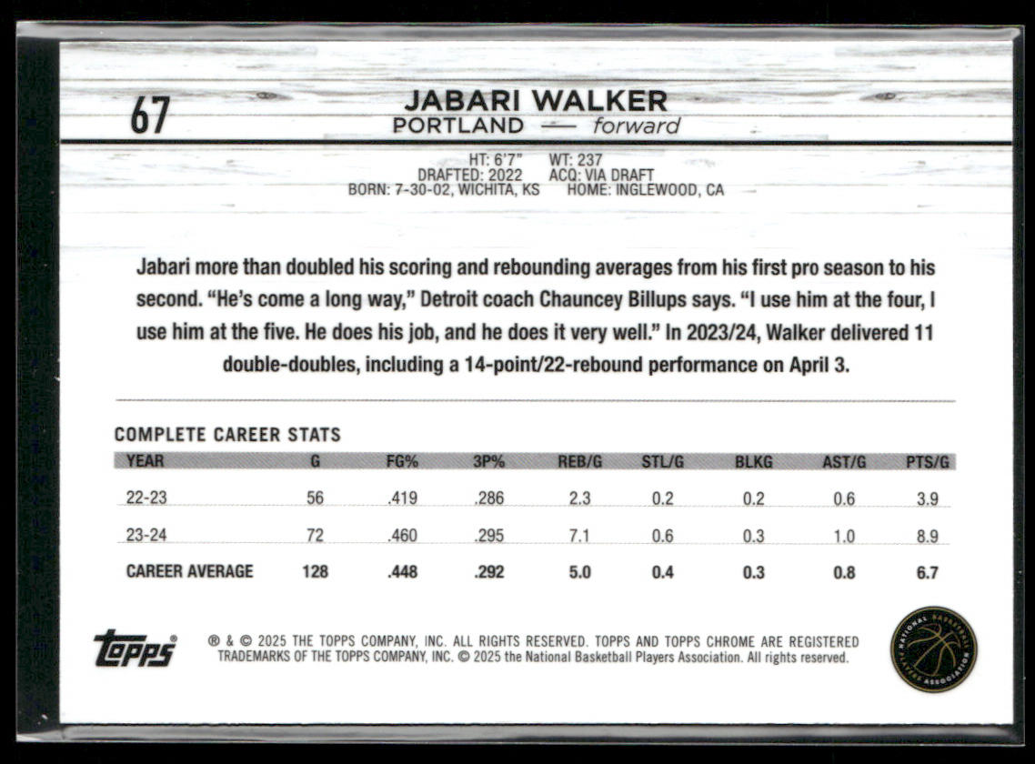 Jabari Walker 2024-25 Topps Chrome #67 Portland Trail Blazers