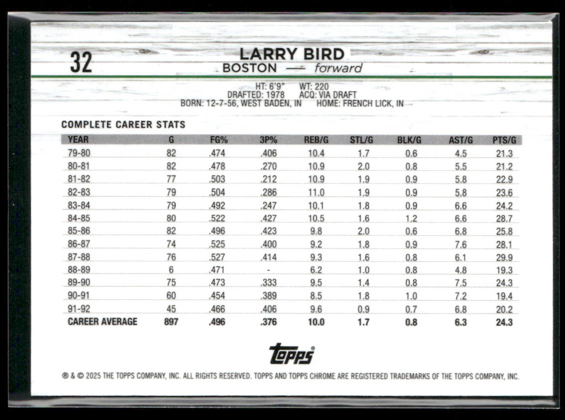 Larry Bird 2024-25 Topps Chrome #32 Boston Celtics