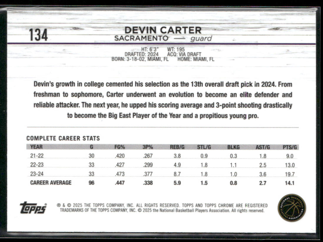 Devin Carter 2024-25 Topps Chrome Pink Refractor #134 RC Sacramento Kings