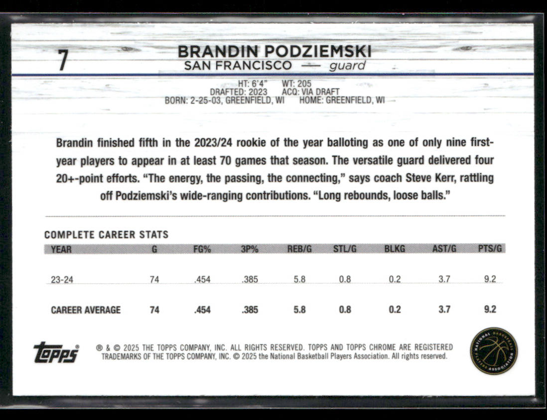 Brandin Podziemski 2024-25 Topps Chrome Pink Refractor #7 Golden State Warriors