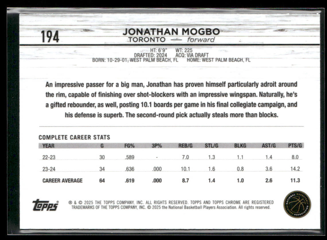Jonathan Mogbo 2024-25 Topps Chrome Pink Refractor #194 RC Toronto Raptors
