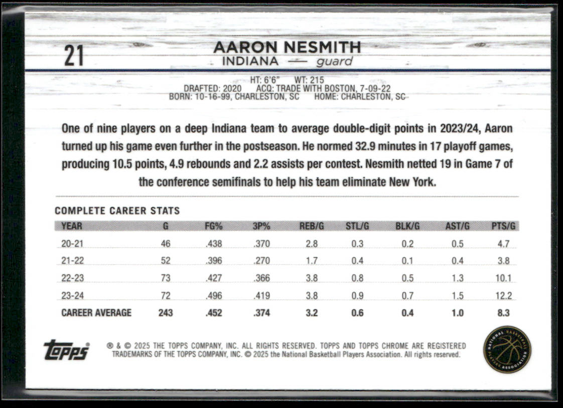 Aaron Nesmith 2024-25 Topps Chrome Pink Refractor #21 Indiana Pacers