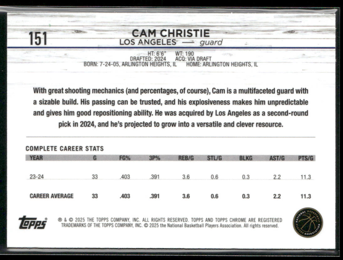 Cam Christie 2024-25 Topps Chrome Topps Green Refractor #151 RC Clippers