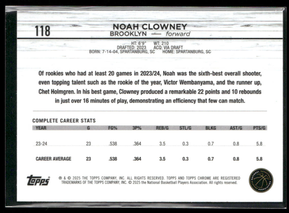 Noah Clowney 2024-25 Topps Chrome Topps Green Refractor #118 Brooklyn Nets