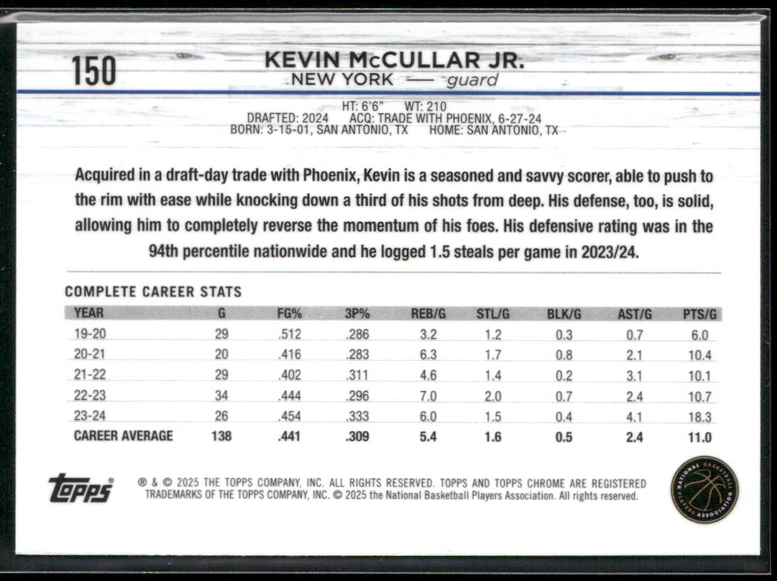 Kevin McCullar Jr. 2024-25 Topps Chrome #150 RC New York Knicks
