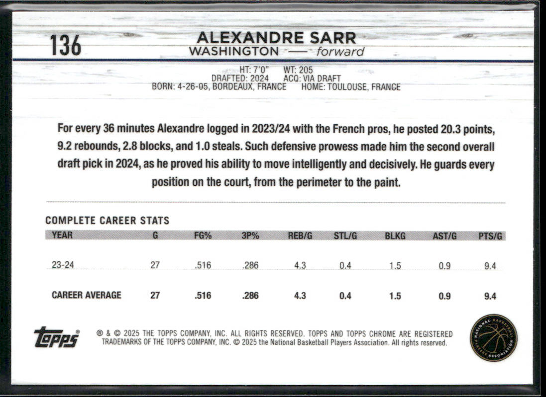 Alexandre Sarr 2024-25 Topps Chrome #136 RC Washington Wizards